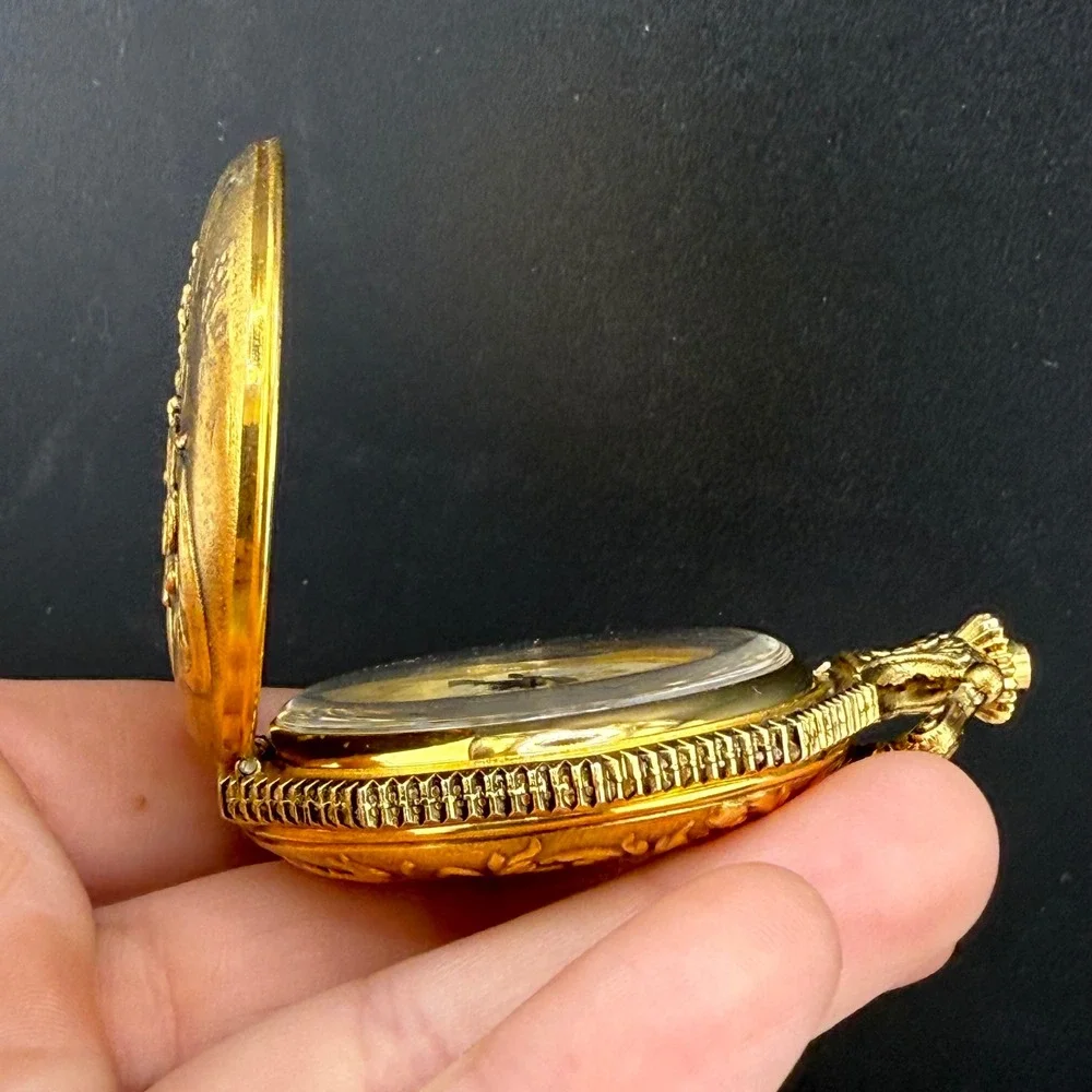 Vintage Majestime Pocket Watch Gold Tone Skeleton Car  Floral Working